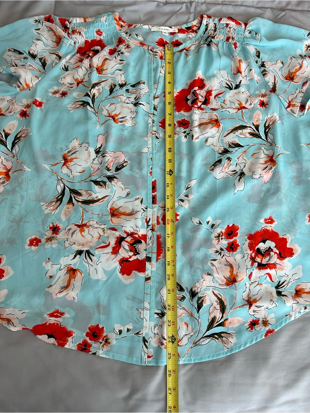 fun 2 fun Aqua Floral Blouse with Red Accents - Picture 9 of 11